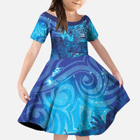 Kuri New Zealand Matariki Family Matching Short Sleeve Bodycon Dress and Hawaiian Shirt Aotearoa Dog Waka Maori New Year Galaxy Vibes LT14 Daughter's Dress Blue - Polynesian Pride