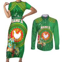 Personalized Manu'a Cession Day Couples Matching Short Sleeve Bodycon Dress and Long Sleeve Button Shirt Tropical Flowers With Polynesian Pattern