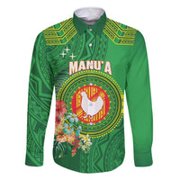 Personalized Manu'a Cession Day Family Matching Off Shoulder Maxi Dress and Hawaiian Shirt Tropical Flowers With Polynesian Pattern LT14 Dad's Shirt - Long Sleeve Green - Polynesian Pride