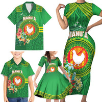Personalized Manu'a Cession Day Family Matching Short Sleeve Bodycon Dress and Hawaiian Shirt Tropical Flowers With Polynesian Pattern