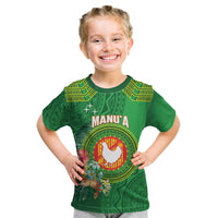 Personalized Manu'a Cession Day Kid T Shirt Tropical Flowers With Polynesian Pattern LT14 Green - Polynesian Pride