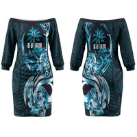 Asut Guam Chamorro Family Matching Off The Shoulder Long Sleeve Dress and Hawaiian Shirt Guahan Seal Tattoo LT14 Mom's Dress Blue - Polynesian Pride