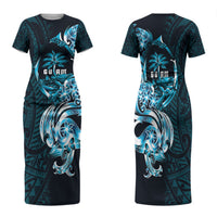 Asut Guam Chamorro Family Matching Short Sleeve Bodycon Dress and Hawaiian Shirt Guahan Seal Tattoo LT14 Mom's Dress Blue - Polynesian Pride