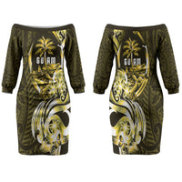 Amariyu Guam Chamorro Family Matching Off The Shoulder Long Sleeve Dress and Hawaiian Shirt Guahan Seal Tattoo LT14 Mom's Dress Yellow - Polynesian Pride