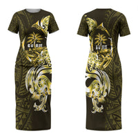 Amariyu Guam Chamorro Family Matching Short Sleeve Bodycon Dress and Hawaiian Shirt Guahan Seal Tattoo LT14 Mom's Dress Yellow - Polynesian Pride