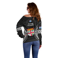 Fiji Rugby Off Shoulder Sweater 2023 Fijian Tapa Pattern World Cup Black LT14 - Polynesian Pride