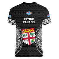 Fiji Rugby Women V Neck T Shirt 2023 Fijian Tapa Pattern World Cup Black LT14 - Polynesian Pride