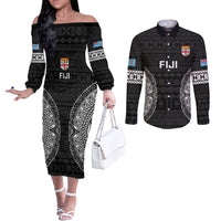 Custom Fiji Rugby Couples Matching Off The Shoulder Long Sleeve Dress and Long Sleeve Button Shirts 2023 Fijian Tapa Pattern World Cup Black LT14 Black - Polynesian Pride