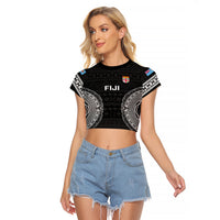 Custom Fiji Rugby Raglan Cropped T Shirt 2023 Fijian Tapa Pattern World Cup Black LT14 Female Black - Polynesian Pride