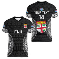 Custom Fiji Rugby Women V Neck T Shirt 2023 Fijian Tapa Pattern World Cup Black LT14 - Polynesian Pride
