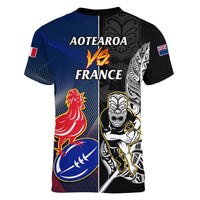 New Zealand And France Rugby Women V Neck T Shirt All Black With Les Bleus Together 2023 World Cup LT14 - Polynesian Pride