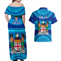 Personalised Fiji Couples Matching Off Shoulder Maxi Dress and Hawaiian Shirt Unique Fijian Tapa Pattern With Coat Of Arms LT14 - Polynesian Pride