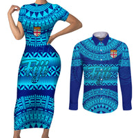 Personalised Fiji Couples Matching Short Sleeve Bodycon Dress and Long Sleeve Button Shirts Unique Fijian Tapa Pattern With Coat Of Arms LT14 Blue - Polynesian Pride