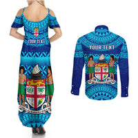 Personalised Fiji Couples Matching Summer Maxi Dress and Long Sleeve Button Shirts Unique Fijian Tapa Pattern With Coat Of Arms LT14 - Polynesian Pride
