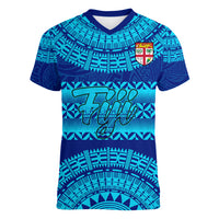 Personalised Fiji Women V Neck T Shirt Unique Fijian Tapa Pattern With Coat Of Arms LT14 Female Blue - Polynesian Pride