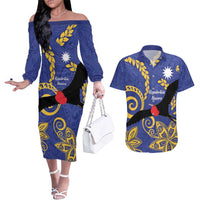 Nauru Angam Day Couples Matching Off The Shoulder Long Sleeve Dress and Hawaiian Shirt Naoero Frigate Bird Polynesian Pattern LT14 Blue - Polynesian Pride