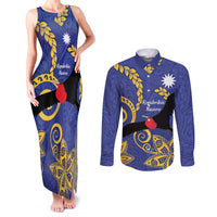 Nauru Angam Day Couples Matching Tank Maxi Dress and Long Sleeve Button Shirt Naoero Frigate Bird Polynesian Pattern LT14 Blue - Polynesian Pride