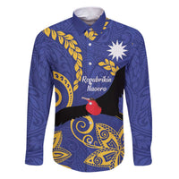 Nauru Angam Day Family Matching Puletasi and Hawaiian Shirt Naoero Frigate Bird Polynesian Pattern LT14 Dad's Shirt - Long Sleeve Blue - Polynesian Pride