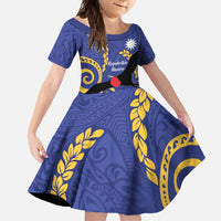 Nauru Angam Day Family Matching Short Sleeve Bodycon Dress and Hawaiian Shirt Naoero Frigate Bird Polynesian Pattern LT14 Daughter's Dress Blue - Polynesian Pride