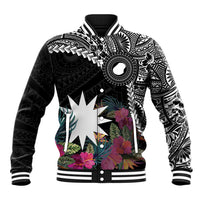 Black Nauru Baseball Jacket Naoero Map With Polynesian Tropical Flowers LT14 Unisex Black - Polynesian Pride