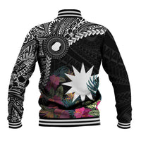 Black Nauru Baseball Jacket Naoero Map With Polynesian Tropical Flowers LT14 - Polynesian Pride