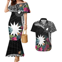Black Nauru Couples Matching Mermaid Dress and Hawaiian Shirt Naoero Map With Polynesian Tropical Flowers