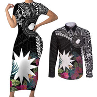 Black Nauru Couples Matching Short Sleeve Bodycon Dress and Long Sleeve Button Shirt Naoero Map With Polynesian Tropical Flowers LT14 Black - Polynesian Pride
