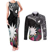 Black Nauru Couples Matching Tank Maxi Dress and Long Sleeve Button Shirt Naoero Map With Polynesian Tropical Flowers LT14 Black - Polynesian Pride
