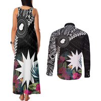 Black Nauru Couples Matching Tank Maxi Dress and Long Sleeve Button Shirt Naoero Map With Polynesian Tropical Flowers LT14 - Polynesian Pride