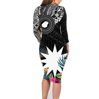 Black Nauru Family Matching Long Sleeve Bodycon Dress and Hawaiian Shirt Naoero Map With Polynesian Tropical Flowers LT14 - Polynesian Pride