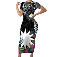 Black Nauru Family Matching Short Sleeve Bodycon Dress and Hawaiian Shirt Naoero Map With Polynesian Tropical Flowers LT14 Mom's Dress Black - Polynesian Pride