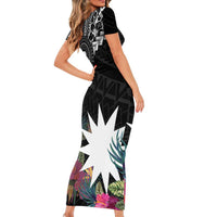 Black Nauru Family Matching Short Sleeve Bodycon Dress and Hawaiian Shirt Naoero Map With Polynesian Tropical Flowers LT14 - Polynesian Pride