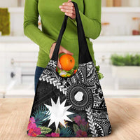 Black Nauru Grocery Bag Naoero Map With Polynesian Tropical Flowers LT14 - Polynesian Pride