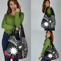 Black Nauru Grocery Bag Naoero Map With Polynesian Tropical Flowers LT14 - Polynesian Pride
