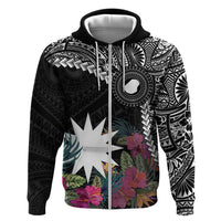 Black Nauru Hoodie Naoero Map With Polynesian Tropical Flowers LT14 Zip Hoodie Black - Polynesian Pride
