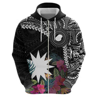Black Nauru Hoodie Naoero Map With Polynesian Tropical Flowers LT14 - Polynesian Pride