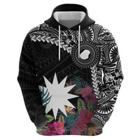 Black Nauru Zip Hoodie Naoero Map With Polynesian Tropical Flowers LT14 - Polynesian Pride