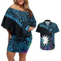 Blue Nauru Couples Matching Off Shoulder Short Dress and Hawaiian Shirt Naoero Map With Polynesian Tropical Flowers LT14 Blue - Polynesian Pride