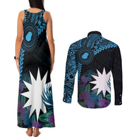 Blue Nauru Couples Matching Tank Maxi Dress and Long Sleeve Button Shirt Naoero Map With Polynesian Tropical Flowers