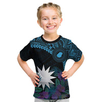 Blue Nauru Kid T Shirt Naoero Map With Polynesian Tropical Flowers LT14 Blue - Polynesian Pride