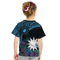 Blue Nauru Kid T Shirt Naoero Map With Polynesian Tropical Flowers LT14 - Polynesian Pride