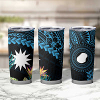 Blue Nauru Tumbler Cup Naoero Map With Polynesian Tropical Flowers