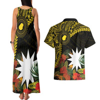Gold Nauru Couples Matching Tank Maxi Dress and Hawaiian Shirt Naoero Map With Polynesian Tropical Flowers