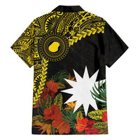 Gold Nauru Family Matching Off The Shoulder Long Sleeve Dress and Hawaiian Shirt Naoero Map With Polynesian Tropical Flowers