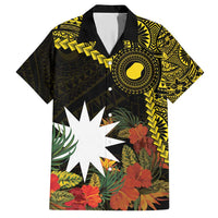 Gold Nauru Family Matching Short Sleeve Bodycon Dress and Hawaiian Shirt Naoero Map With Polynesian Tropical Flowers