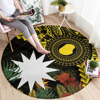 Gold Nauru Round Carpet Naoero Map With Polynesian Tropical Flowers