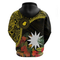 Gold Nauru Zip Hoodie Naoero Map With Polynesian Tropical Flowers