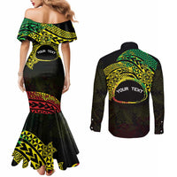 Personalised Nukuoro Atoll Couples Matching Mermaid Dress and Long Sleeve Button Shirt Polynesian Tattoo Curves Reggae Version