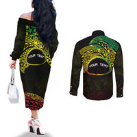 Personalised Nukuoro Atoll Couples Matching Off The Shoulder Long Sleeve Dress and Long Sleeve Button Shirt Polynesian Tattoo Curves Reggae Version