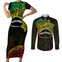 Personalised Nukuoro Atoll Couples Matching Short Sleeve Bodycon Dress and Long Sleeve Button Shirt Polynesian Tattoo Curves Reggae Version